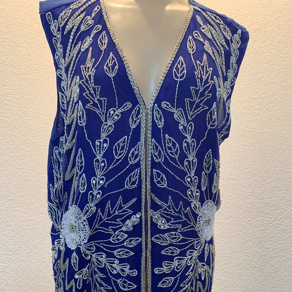 Vintage Gunit beaded silk vest size L royal blue with silver and white beads